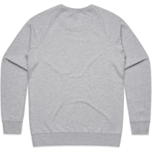 A grey sweater featuring a ribbed neckline and cuffs, with a simple design and a logo on the back.