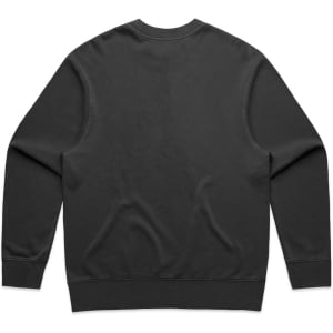 A black sweater with long sleeves and a rounded neckline, featuring a smooth back design and a branding logo.