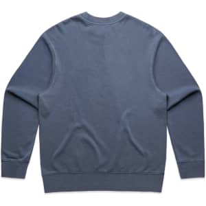 A blue sweater with long sleeves and a rounded neckline, featuring a plain back and a subtle hem.