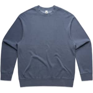 A faded blue crew jumper with long sleeves and a rounded neckline, featuring a small logo.