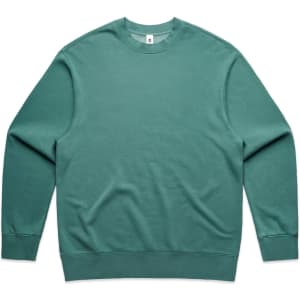 A green crew jumper with long sleeves and a round neckline. It features a logo on the label.