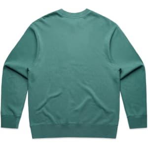 A green sweatshirt with long sleeves and a crew neck, featuring a logo on the back.