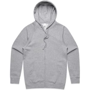 A grey zip-up hoodie featuring a drawstring hood and a logo.