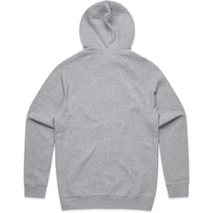 A grey hoodie with a hood and long sleeves, featuring a logo on the back.