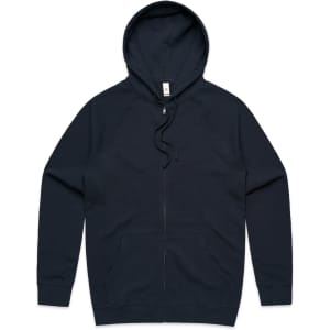 A navy zip-up hoodie with a hood and long sleeves, featuring a front zip closure and a simple design.