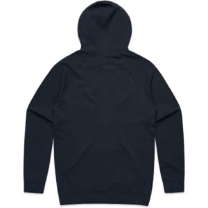 A dark navy hoodie featuring a back view with a hood, long sleeves, and a logo.