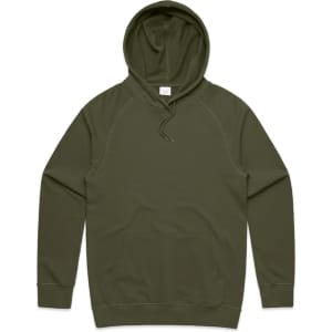 A khaki green hoodie with a front pocket and a drawstring hood, featuring a branding logo.