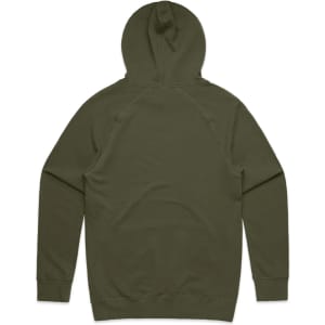 A green hoodie with a hood and raglan sleeves, featuring a plain design and a branding logo.