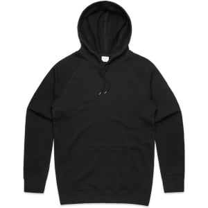 A black hoodie featuring a drawstring hood and a front pocket, with a logo displayed.