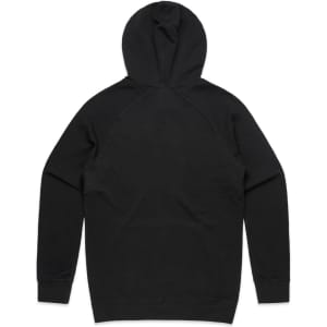 A black hoodie with a hood and long sleeves, featuring a logo on the back.