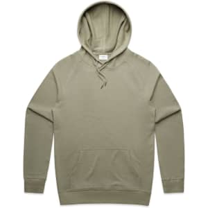 A sage green hoodie with a front pocket and a drawstring hood. It features a logo on the label.