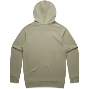 A premium hooded jumper in olive green, featuring a simple design and a logo. The back view showcases its classic cut.