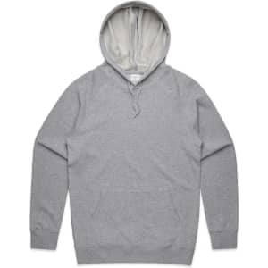 A grey hoodie with a hood, long sleeves, and a front pocket, featuring a logo on the label.