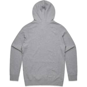 A grey hoodie with a kangaroo pocket and a hood, featuring a branding logo on the back.