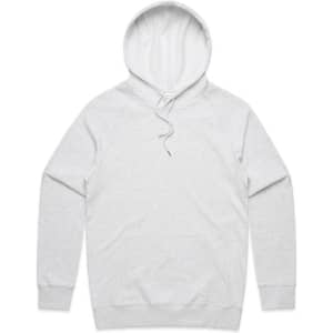 A grey hoodie featuring a front pocket and a drawstring hood, with a logo on it.