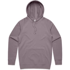 A grey premium hoodie featuring a front pocket and a hood, with a logo on it.