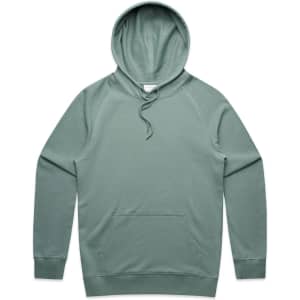 A green hoodie featuring a front pocket and a drawstring hood, with a logo on the chest.