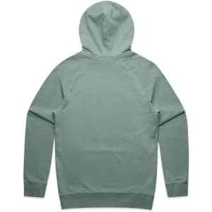 A green premium hoodie with a hood and raglan sleeves, featuring a logo on the back.