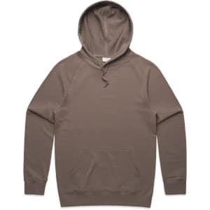 A khaki premium hoodie featuring a kangaroo pocket and a drawstring hood, with a logo present.
