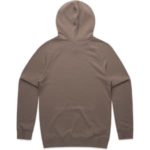 A premium hoodie in a muted brown colour, featuring a hood and long sleeves, with a logo on the back.