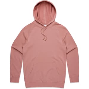 A soft pink hoodie with a front pocket and a drawstring hood, featuring raglan sleeves and a logo.