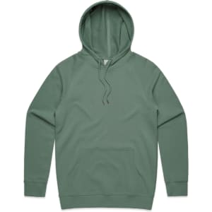 A green hoodie featuring a front pocket and a drawstring hood, with a logo on the front.
