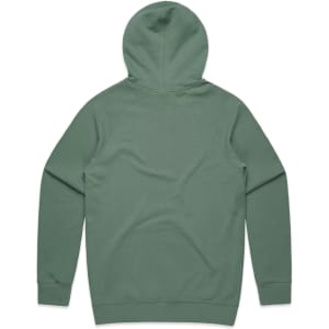A green premium hoodie with a kangaroo pocket and a hood, featuring a logo on the neck area.