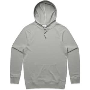 A light grey hoodie with a hood and a front pocket, featuring a logo on the chest.