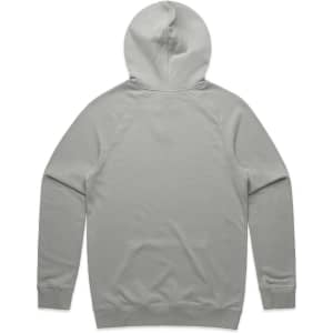 A light grey hoodie with a back view, featuring a hood and long sleeves. It has a logo on the back.