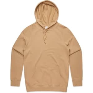 A beige premium hoodie with a hood and front pouch pocket, featuring a logo on one side.