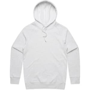 A light grey hoodie featuring a front pocket and an adjustable drawstring hood. The design includes a logo.