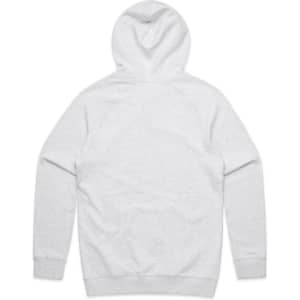 A light grey hoodie with a hood and long sleeves, featuring a plain back and ribbed cuffs.