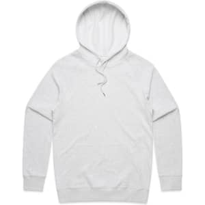 A light grey hoodie with a drawstring hood and a front pocket, featuring a logo on the chest.