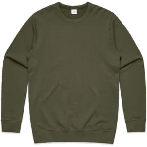 A green jumper with a crew neckline and long sleeves, featuring a simple design and a logo.