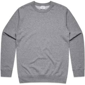 A grey jumper with long sleeves and a round neckline, featuring a small brand logo.