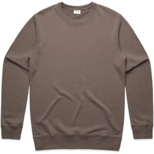 A brown crew jumper with long sleeves and a simple design. It has a logo on the chest.