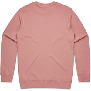 A pink jumper with a classic crew neck design, featuring long sleeves and a soft texture. It has a branding logo.