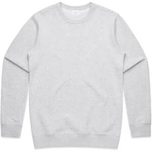 A light grey crew jumper with long sleeves, featuring a simple design and a logo on the front.