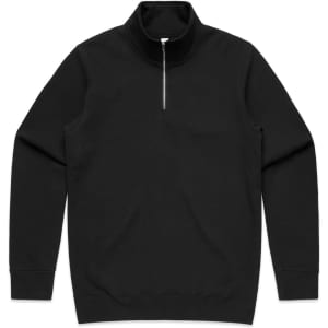 A black half zip crew jumper with long sleeves, featuring a front zip and a simple, clean design.