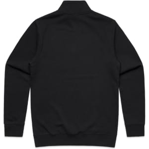 A black half-zip crew jumper featuring a high collar and ribbed cuffs, with a logo on the back.