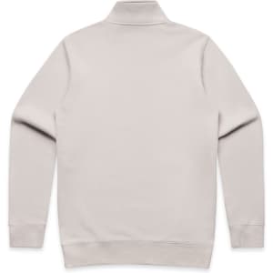 A light grey half zip crew jumper with long sleeves and a high collar. It features a logo on the back.