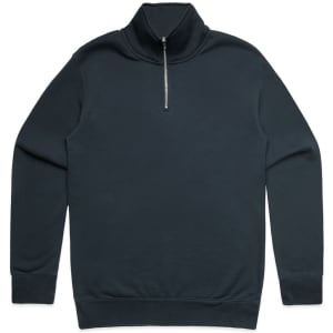 A navy half zip crew jumper with a simple design and a zipper at the neck. It features a logo on the chest.