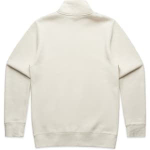 A cream-coloured sweater featuring a half zip and a collar, with long sleeves and a plain back. It has a logo.