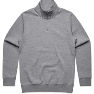 A grey half zip crew jumper with long sleeves and a collar. It features a branding logo.