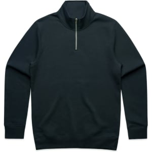 A black half zip crew sweatshirt featuring long sleeves and a zip collar, with a logo on the chest.