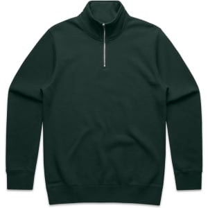 A dark green half zip crew jumper with long sleeves and a zip at the neckline, featuring a logo.
