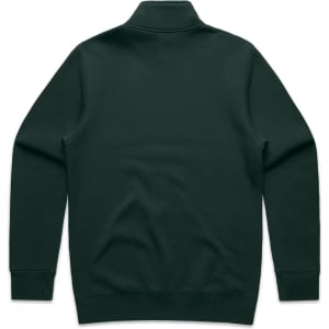 A dark green half zip crew jumper featuring a solid back design and long sleeves. It has a logo on the collar.