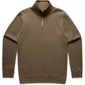 A brown half-zip crew jumper featuring long sleeves and a subtle logo.