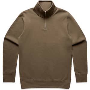 A khaki sweater featuring a half zip design, with long sleeves and a ribbed neckline. It has a logo.
