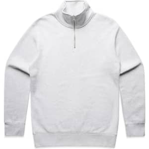 A light grey half zip crew jumper featuring long sleeves and a collar. It has a logo on the front.